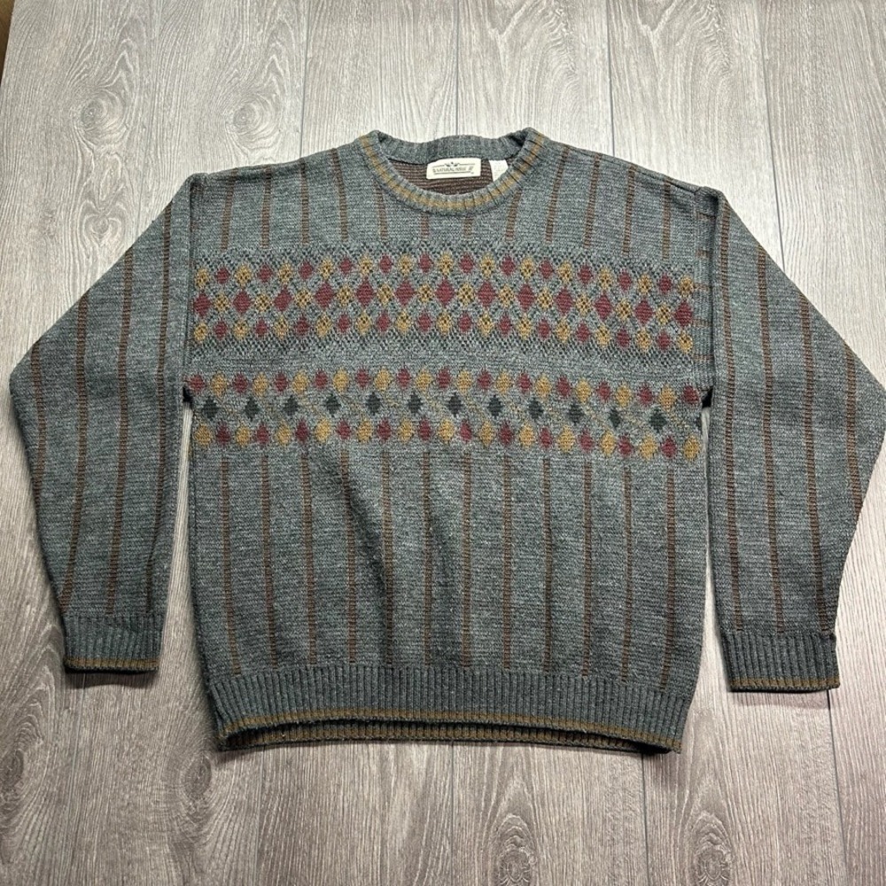 Vintage Natural Issue Mens Large Gray Argyle Striped Acrylic Crewneck Sweater